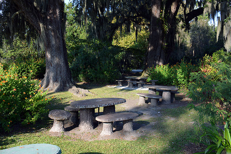 Picnic tables made from tree slices at Magnolia Plantation in Charleston, SC