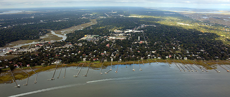 An aerial shot of the shore in Mt. Pleasant, SC