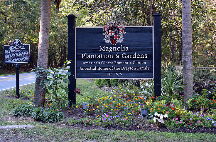 A sign for the Magnolia Plantation in Charleston, SC